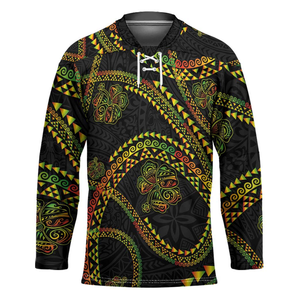 Hawaiian Kakau Art and Hisbiscus Tattoo Hockey Jersey Tribal Pattern-Reggae Style - Polynesian Pride