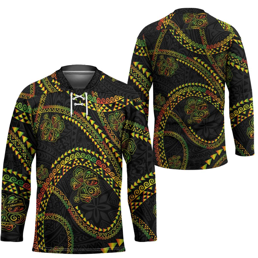 Hawaiian Kakau Art and Hisbiscus Tattoo Hockey Jersey Tribal Pattern-Reggae Style - Polynesian Pride