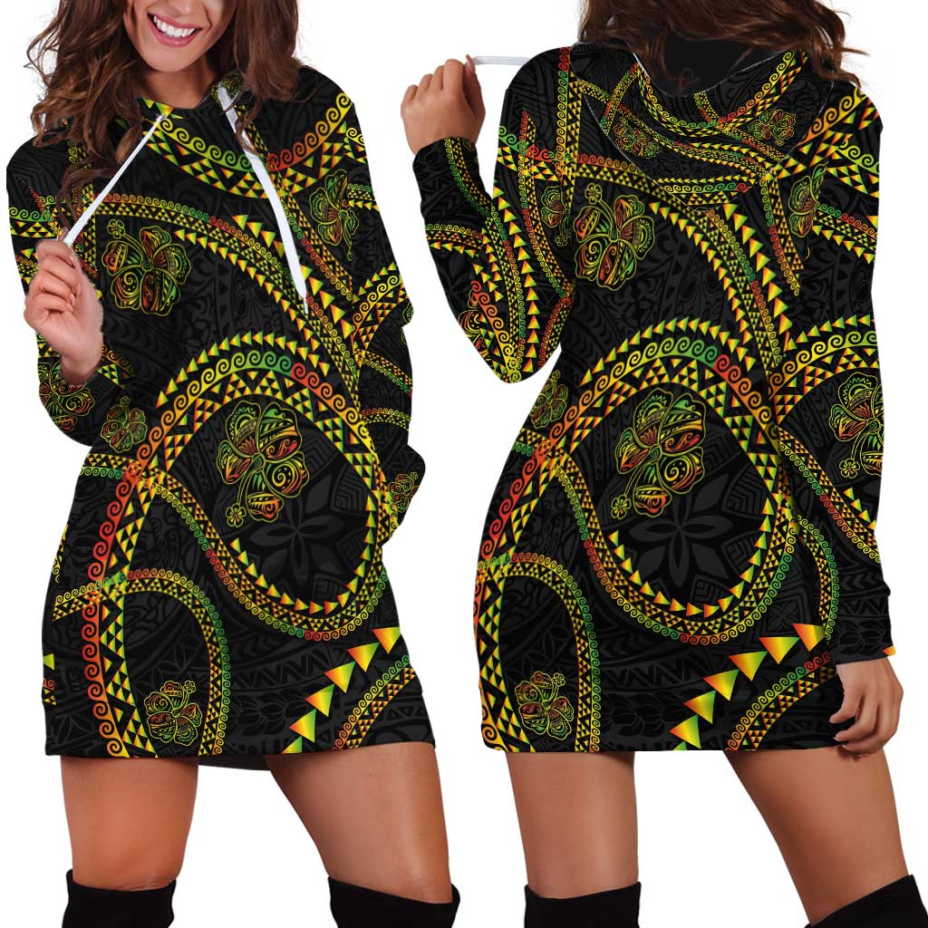 Hawaiian Kakau Art and Hisbiscus Tattoo Hoodie Dress Tribal Pattern-Reggae Style LT03 - Polynesian Pride