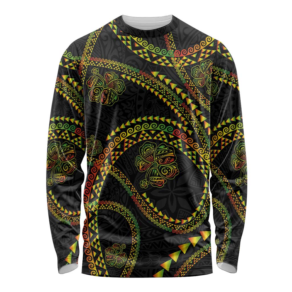 Hawaiian Kakau Art and Hisbiscus Tattoo Long Sleeve Shirt Tribal Pattern-Reggae Style LT03 Unisex Black - Polynesian Pride