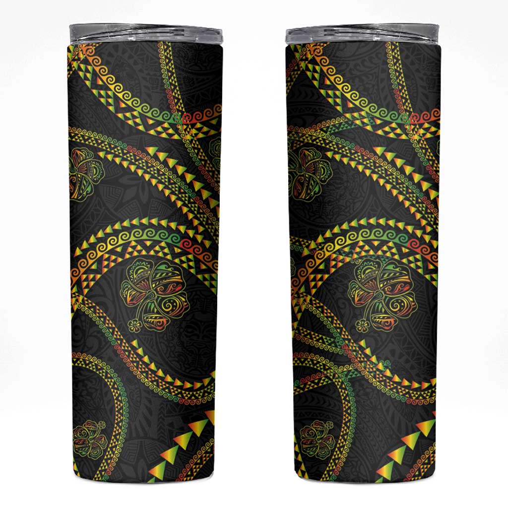 Hawaiian Kakau Art and Hisbiscus Tattoo Skinny Tumbler Tribal Pattern-Reggae Style LT03 Black - Polynesian Pride
