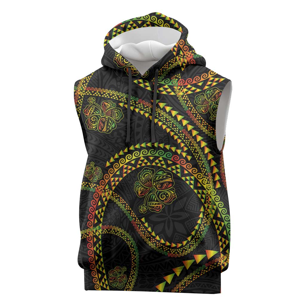 Hawaiian Kakau Art and Hisbiscus Tattoo Sleeveless Hoodie Tribal Pattern-Reggae Style LT03 Black - Polynesian Pride