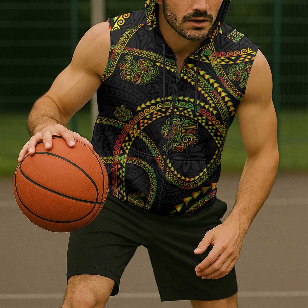 Hawaiian Kakau Art and Hisbiscus Tattoo Sleeveless Zip Hoodie Tribal Pattern-Reggae Style - Polynesian Pride