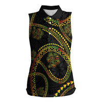 Hawaiian Kakau Art and Hisbiscus Tattoo Women Sleeveless Polo Shirt Tribal Pattern-Reggae Style LT03 Female Black - Polynesian Pride