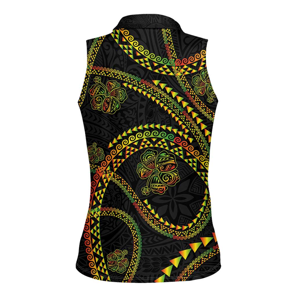 Hawaiian Kakau Art and Hisbiscus Tattoo Women Sleeveless Polo Shirt Tribal Pattern-Reggae Style LT03 - Polynesian Pride