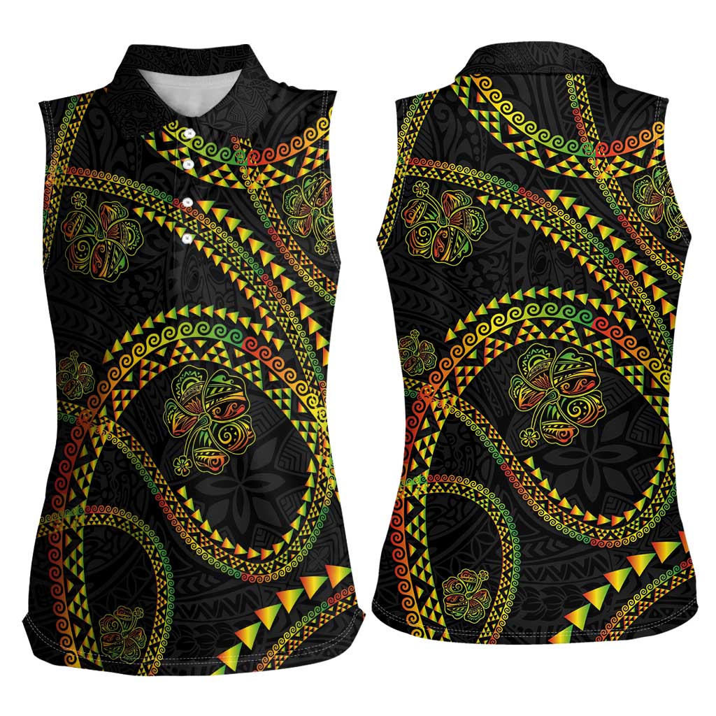 Hawaiian Kakau Art and Hisbiscus Tattoo Women Sleeveless Polo Shirt Tribal Pattern-Reggae Style LT03 - Polynesian Pride