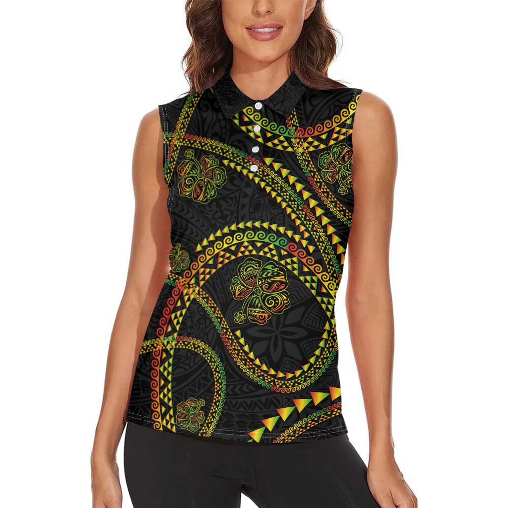 Hawaiian Kakau Art and Hisbiscus Tattoo Women Sleeveless Polo Shirt Tribal Pattern-Reggae Style LT03 - Polynesian Pride