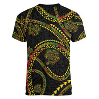 Hawaiian Kakau Art and Hisbiscus Tattoo Women V-Neck T-Shirt Tribal Pattern-Reggae Style LT03 - Polynesian Pride