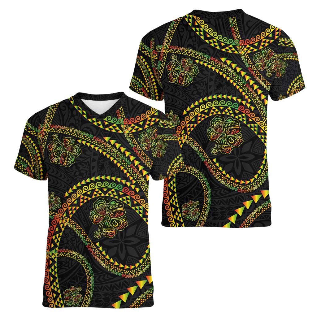 Hawaiian Kakau Art and Hisbiscus Tattoo Women V-Neck T-Shirt Tribal Pattern-Reggae Style LT03 - Polynesian Pride