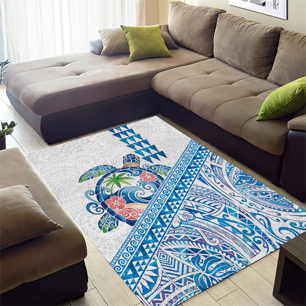 Hawaiian Abstract Sea Turtle Area Rug Polynesian Tapa Art and Kakau Tattoo White WaterColor LT03 - Polynesian Pride