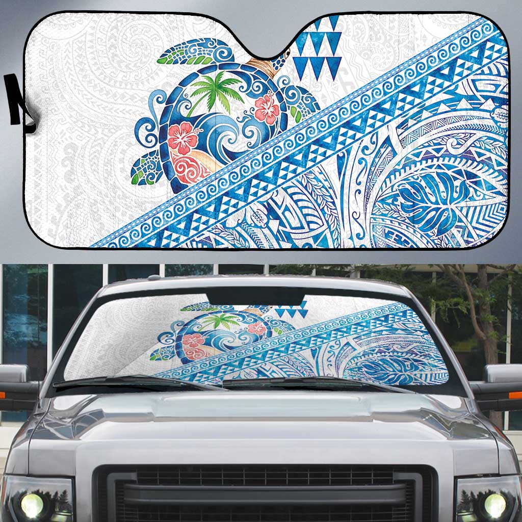 Hawaiian Abstract Sea Turtle Auto Sun Shade Polynesian Tapa Art and Kakau Tattoo White WaterColor LT03 White - Polynesian Pride