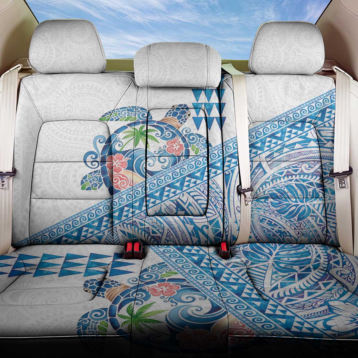 Hawaiian Abstract Sea Turtle Back Car Seat Cover Polynesian Tapa Art and Kakau Tattoo White WaterColor LT03 One Size White - Polynesian Pride