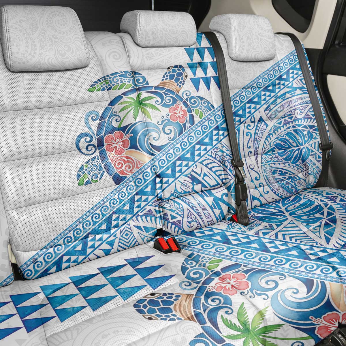 Hawaiian Abstract Sea Turtle Back Car Seat Cover Polynesian Tapa Art and Kakau Tattoo White WaterColor LT03 - Polynesian Pride