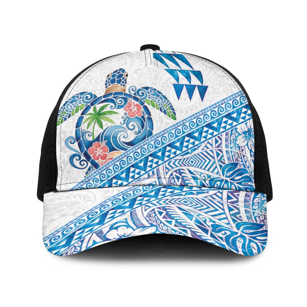 Hawaiian Abstract Sea Turtle Baseball Net Cap Polynesian Tapa Art and Kakau Tattoo White WaterColor - Polynesian Pride