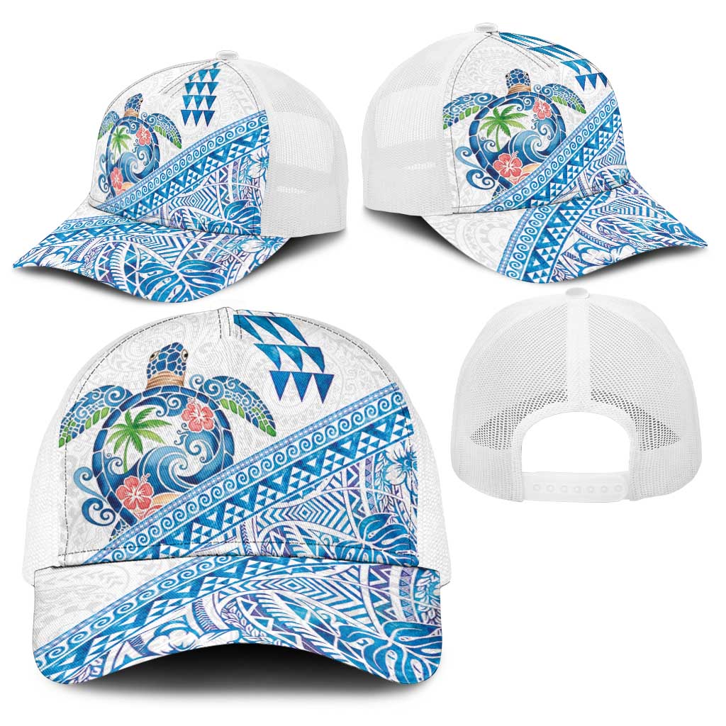 Hawaiian Abstract Sea Turtle Baseball Net Cap Polynesian Tapa Art and Kakau Tattoo White WaterColor - Polynesian Pride
