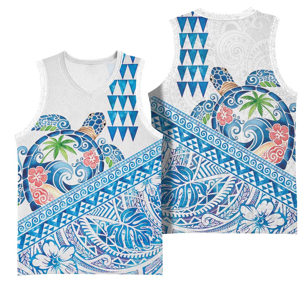 Hawaiian Abstract Sea Turtle Basketball Jersey Polynesian Tapa Art and Kakau Tattoo White WaterColor LT03 - Polynesian Pride