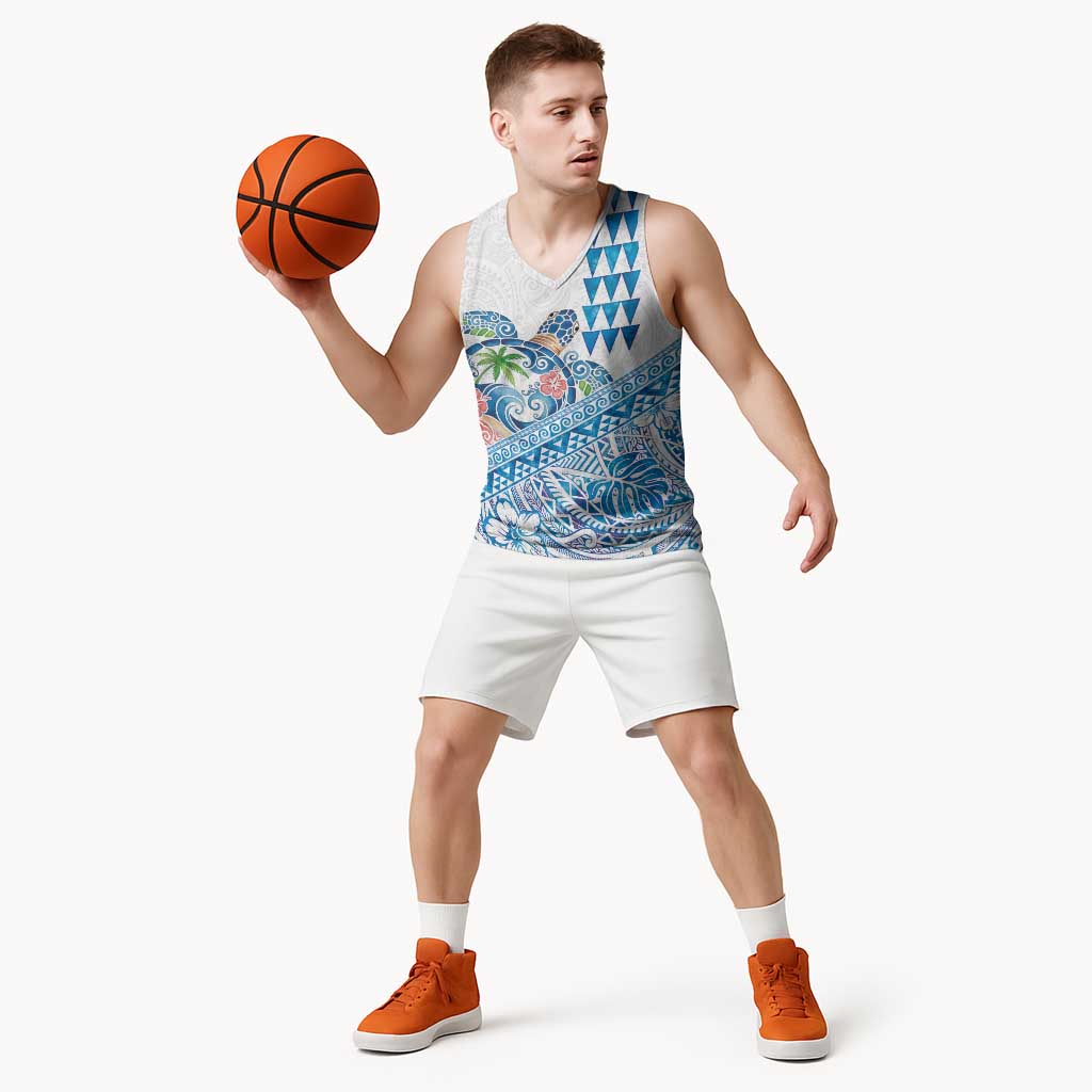 Hawaiian Abstract Sea Turtle Basketball Jersey Polynesian Tapa Art and Kakau Tattoo White WaterColor LT03 - Polynesian Pride