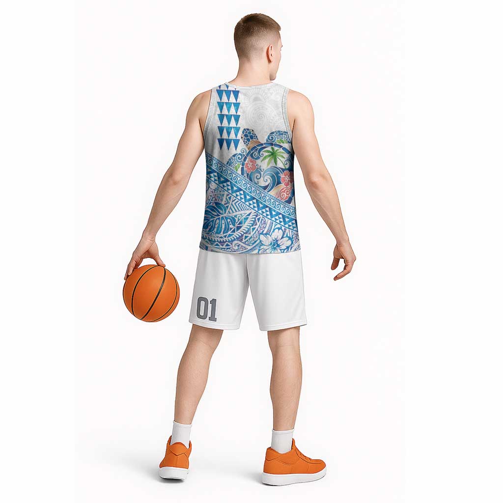 Hawaiian Abstract Sea Turtle Basketball Jersey Polynesian Tapa Art and Kakau Tattoo White WaterColor LT03 - Polynesian Pride