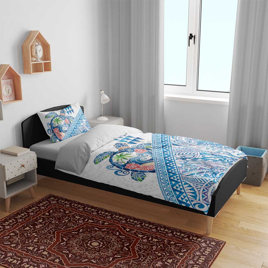 Hawaiian Abstract Sea Turtle Bedding Set Polynesian Tapa Art and Kakau Tattoo White WaterColor - Polynesian Pride