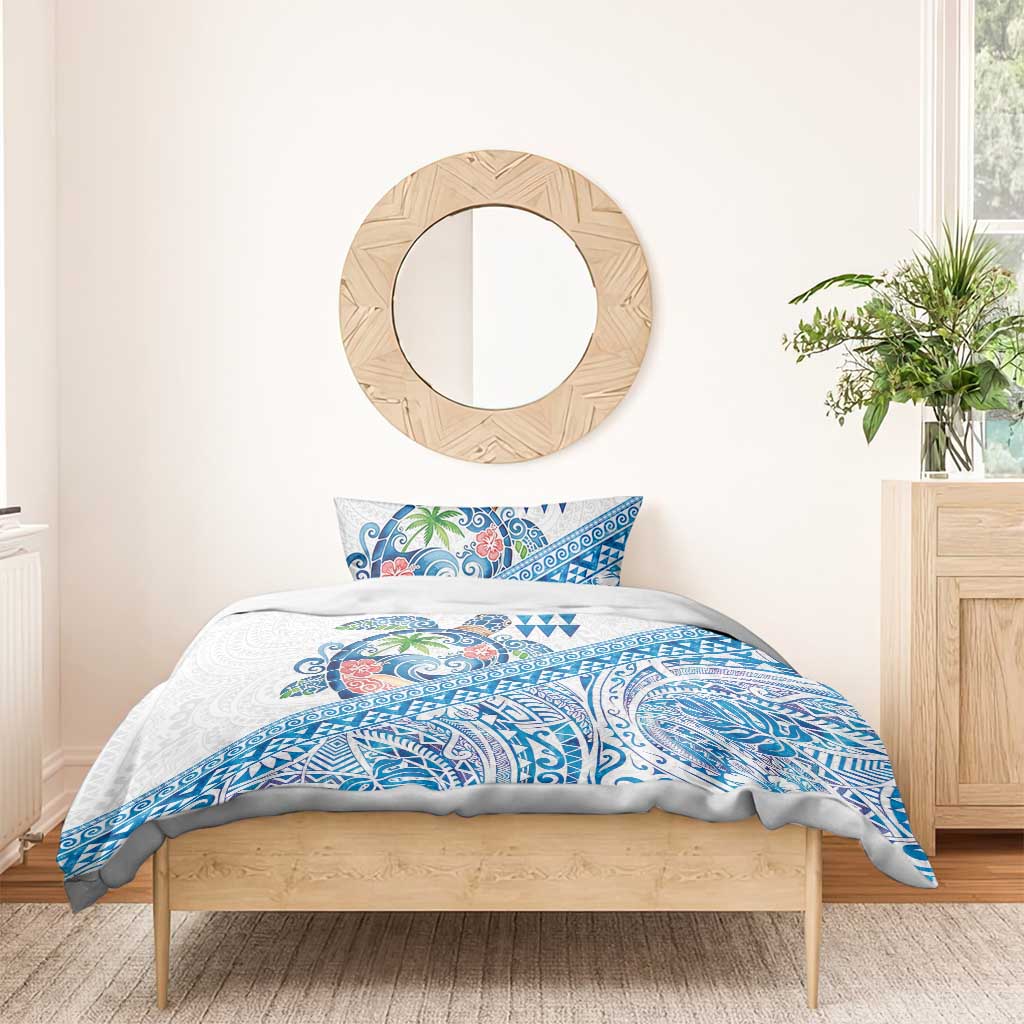Hawaiian Abstract Sea Turtle Bedding Set Polynesian Tapa Art and Kakau Tattoo White WaterColor - Polynesian Pride