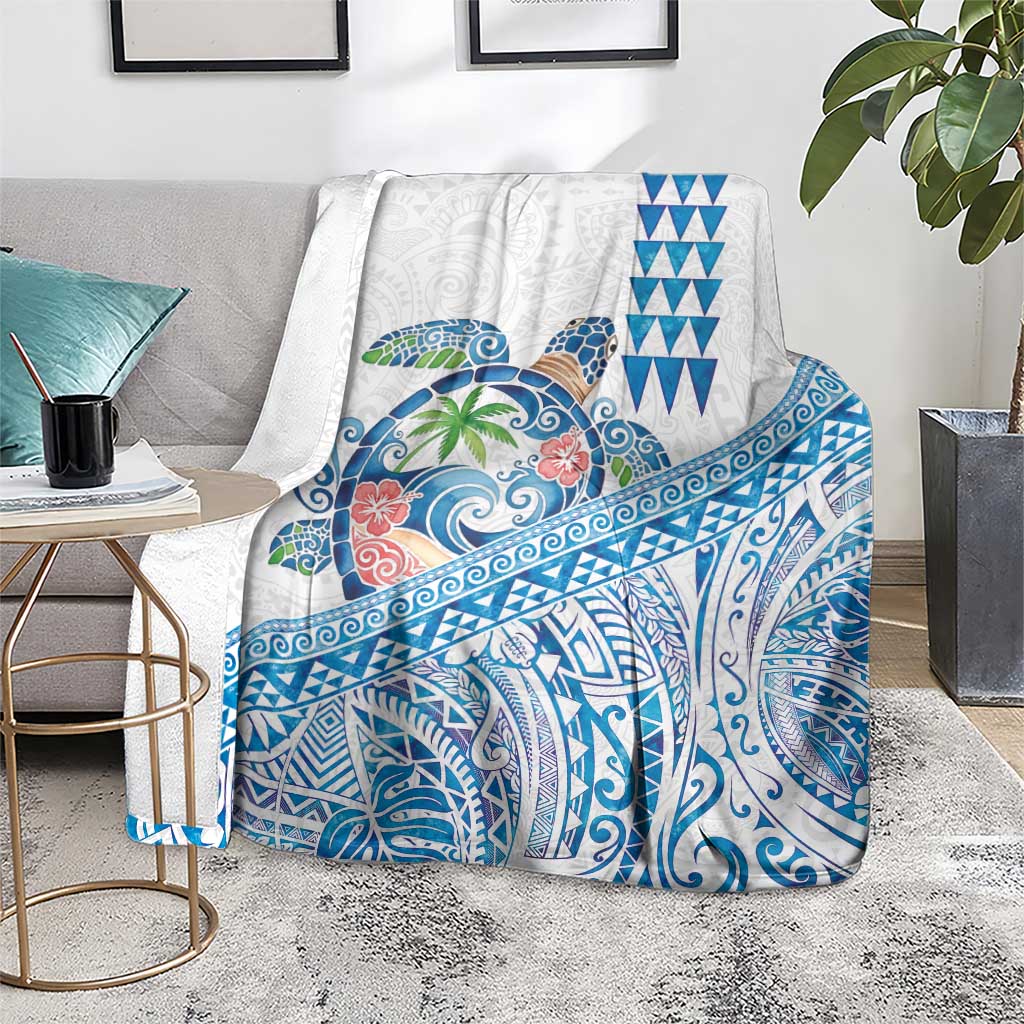 Hawaiian Abstract Sea Turtle Blanket Polynesian Tapa Art and Kakau Tattoo White WaterColor - Polynesian Pride