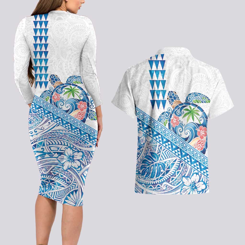 Hawaiian Abstract Sea Turtle Couples Matching Long Sleeve Bodycon Dress and Hawaiian Shirt Polynesian Tapa Art and Kakau Tattoo White WaterColor LT03 - Polynesian Pride
