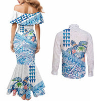 Hawaiian Abstract Sea Turtle Couples Matching Mermaid Dress and Long Sleeve Button Shirt Polynesian Tapa Art and Kakau Tattoo White WaterColor LT03 - Polynesian Pride
