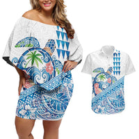 Hawaiian Abstract Sea Turtle Couples Matching Off Shoulder Short Dress and Hawaiian Shirt Polynesian Tapa Art and Kakau Tattoo White WaterColor LT03 White - Polynesian Pride
