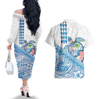Hawaiian Abstract Sea Turtle Couples Matching Off The Shoulder Long Sleeve Dress and Hawaiian Shirt Polynesian Tapa Art and Kakau Tattoo White WaterColor LT03 - Polynesian Pride