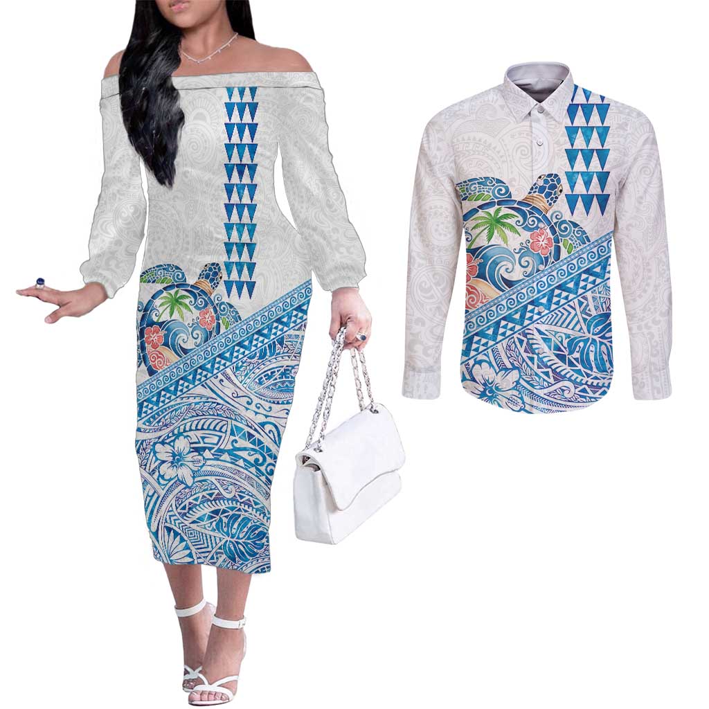 Hawaiian Abstract Sea Turtle Couples Matching Off The Shoulder Long Sleeve Dress and Long Sleeve Button Shirt Polynesian Tapa Art and Kakau Tattoo White WaterColor LT03 White - Polynesian Pride
