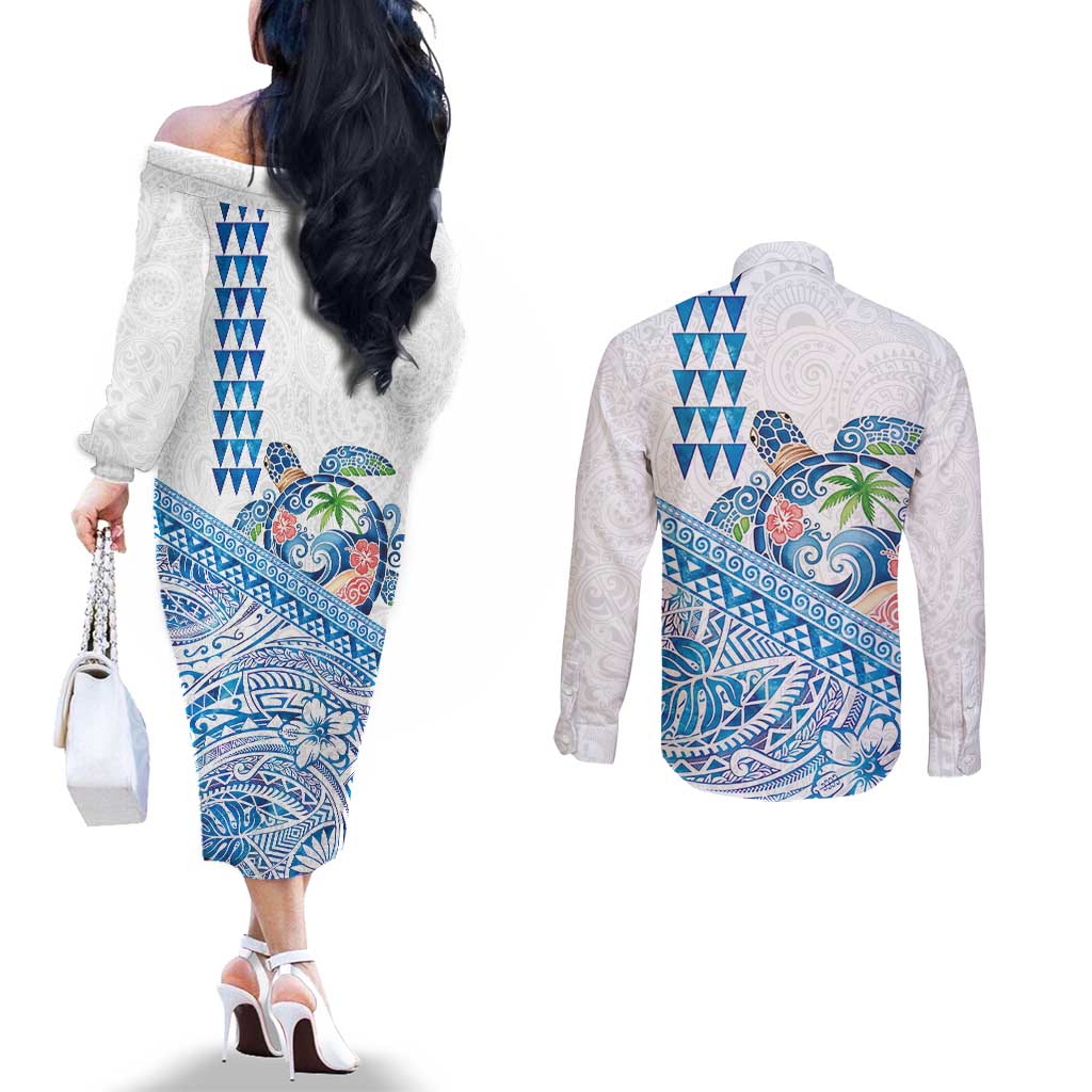 Hawaiian Abstract Sea Turtle Couples Matching Off The Shoulder Long Sleeve Dress and Long Sleeve Button Shirt Polynesian Tapa Art and Kakau Tattoo White WaterColor LT03 - Polynesian Pride