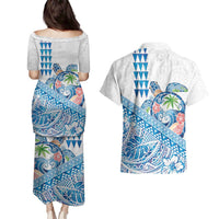 Hawaiian Abstract Sea Turtle Couples Matching Puletasi and Hawaiian Shirt Polynesian Tapa Art and Kakau Tattoo White WaterColor LT03 - Polynesian Pride