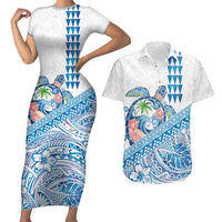 Hawaiian Abstract Sea Turtle Couples Matching Short Sleeve Bodycon Dress and Hawaiian Shirt Polynesian Tapa Art and Kakau Tattoo White WaterColor LT03 White - Polynesian Pride