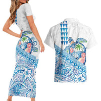 Hawaiian Abstract Sea Turtle Couples Matching Short Sleeve Bodycon Dress and Hawaiian Shirt Polynesian Tapa Art and Kakau Tattoo White WaterColor LT03 - Polynesian Pride