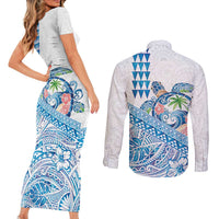 Hawaiian Abstract Sea Turtle Couples Matching Short Sleeve Bodycon Dress and Long Sleeve Button Shirt Polynesian Tapa Art and Kakau Tattoo White WaterColor LT03 - Polynesian Pride