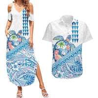 Hawaiian Abstract Sea Turtle Couples Matching Summer Maxi Dress and Hawaiian Shirt Polynesian Tapa Art and Kakau Tattoo White WaterColor LT03 White - Polynesian Pride