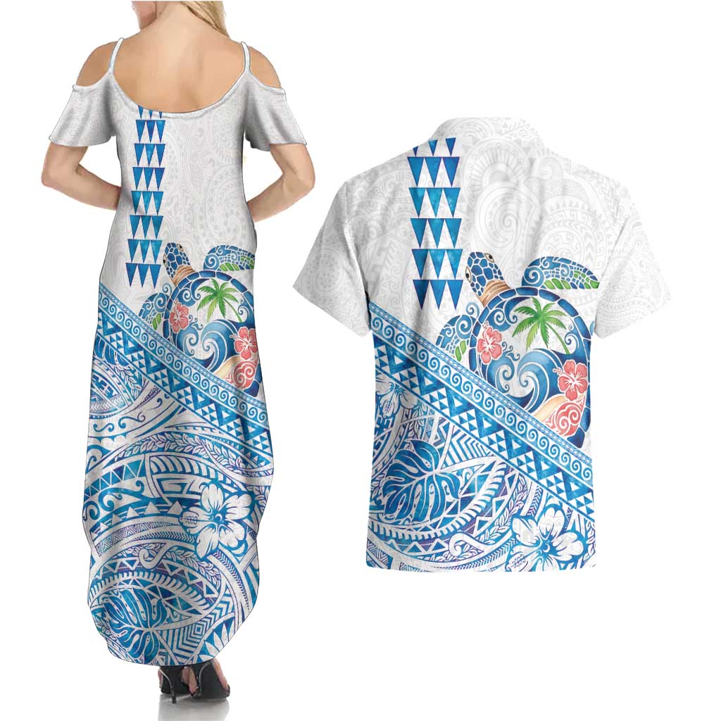 Hawaiian Abstract Sea Turtle Couples Matching Summer Maxi Dress and Hawaiian Shirt Polynesian Tapa Art and Kakau Tattoo White WaterColor LT03 - Polynesian Pride
