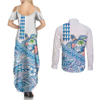 Hawaiian Abstract Sea Turtle Couples Matching Summer Maxi Dress and Long Sleeve Button Shirt Polynesian Tapa Art and Kakau Tattoo White WaterColor LT03 - Polynesian Pride