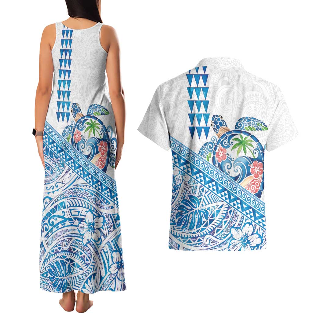 Hawaiian Abstract Sea Turtle Couples Matching Tank Maxi Dress and Hawaiian Shirt Polynesian Tapa Art and Kakau Tattoo White WaterColor LT03 - Polynesian Pride
