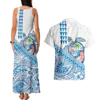 Hawaiian Abstract Sea Turtle Couples Matching Tank Maxi Dress and Hawaiian Shirt Polynesian Tapa Art and Kakau Tattoo White WaterColor LT03 - Polynesian Pride