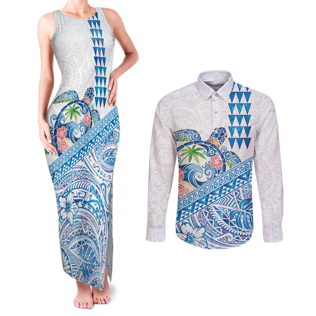 Hawaiian Abstract Sea Turtle Couples Matching Tank Maxi Dress and Long Sleeve Button Shirt Polynesian Tapa Art and Kakau Tattoo White WaterColor LT03 White - Polynesian Pride