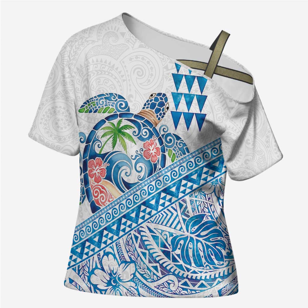 Hawaiian Abstract Sea Turtle Cross Shoulder Shirt Polynesian Tapa Art and Kakau Tattoo White WaterColor LT03 Female White - Polynesian Pride