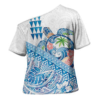 Hawaiian Abstract Sea Turtle Cross Shoulder Shirt Polynesian Tapa Art and Kakau Tattoo White WaterColor LT03 - Polynesian Pride