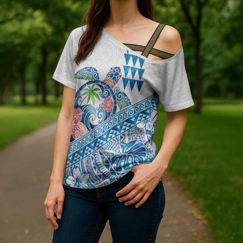 Hawaiian Abstract Sea Turtle Cross Shoulder Shirt Polynesian Tapa Art and Kakau Tattoo White WaterColor LT03 - Polynesian Pride