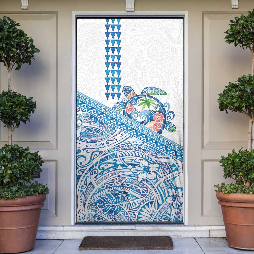 Hawaiian Abstract Sea Turtle Door Cover Polynesian Tapa Art and Kakau Tattoo White WaterColor LT03 White - Polynesian Pride