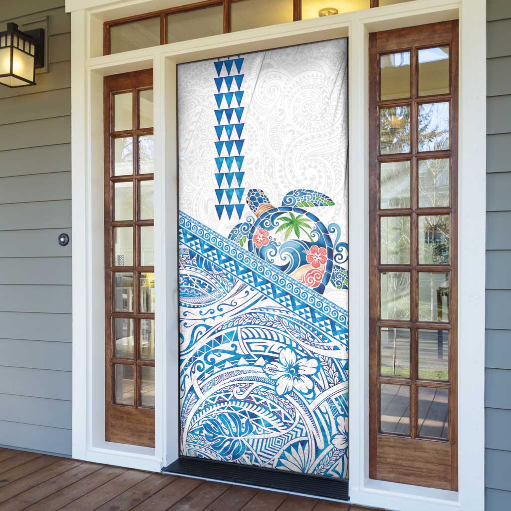 Hawaiian Abstract Sea Turtle Door Cover Polynesian Tapa Art and Kakau Tattoo White WaterColor LT03 - Polynesian Pride