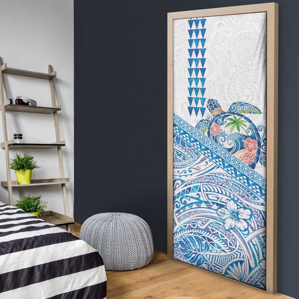 Hawaiian Abstract Sea Turtle Door Cover Polynesian Tapa Art and Kakau Tattoo White WaterColor LT03 - Polynesian Pride