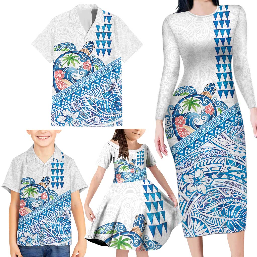 Hawaiian Abstract Sea Turtle Family Matching Long Sleeve Bodycon Dress and Hawaiian Shirt Polynesian Tapa Art and Kakau Tattoo White WaterColor LT03 - Polynesian Pride