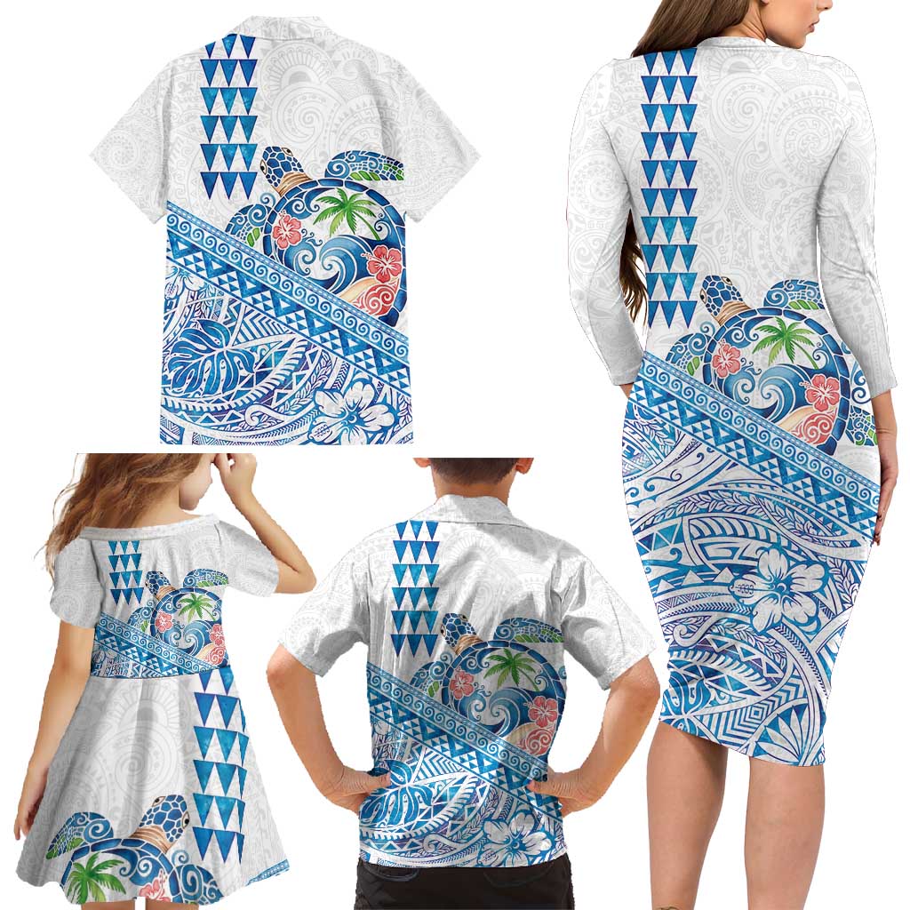 Hawaiian Abstract Sea Turtle Family Matching Long Sleeve Bodycon Dress and Hawaiian Shirt Polynesian Tapa Art and Kakau Tattoo White WaterColor LT03 - Polynesian Pride