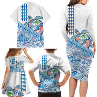 Hawaiian Abstract Sea Turtle Family Matching Long Sleeve Bodycon Dress and Hawaiian Shirt Polynesian Tapa Art and Kakau Tattoo White WaterColor LT03 - Polynesian Pride
